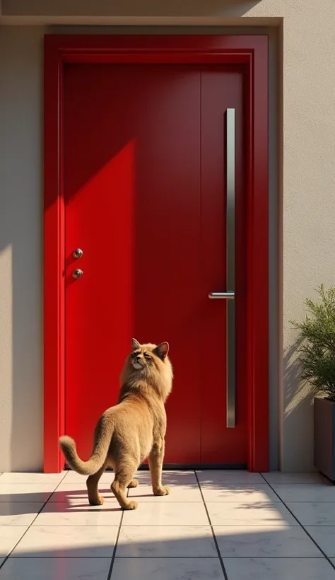 A cat entering a modern red door, the cat turns into a lion on the other side.