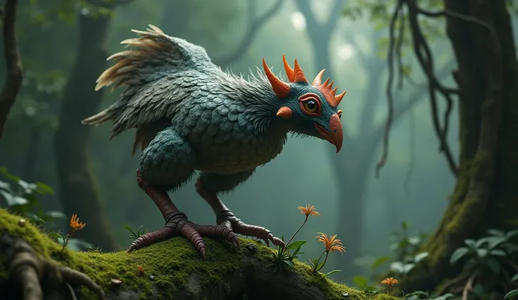 In the strange forest，There is a 6-legged bird standing on the tree trunk，It has three chicken heads，There is a wing on the back(best quality，4K，8k，High level，masterpiece：1.2），Ultra Detailed，（lifelike，Photo real，Photo real：1.37）(best quality，4K，8k，High lev...