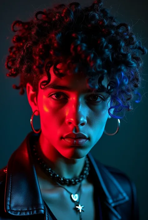 Create a black teenager boy wearing rockstar  outfits and with his curly hair sprayed in black red blue while his emo hair covered his face up close in the screen with a black shade on