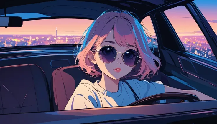 A woman wearing sunglasses、car、drive、Night view、Wide-angle lens, Lofi Anime, Lofi illustration, Aesthetic atmosphere, Lo-Fi Style, Vector art, Flat Design, Simple shape, Warm tones, Pleasant atmosphere, Chill, In anime style, Digital drawing, Vector art, V...