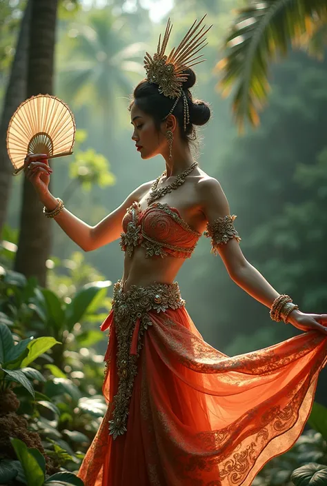 traditional Balinese (1girl) engaged in a graceful dance while adorned in a Balinese dress holding fan backwards that seamlessly incorporates advanced mecha cybernetic technology and exudes a cyberpunk aesthetic, ((wearing mecha armor)),blending traditiona...