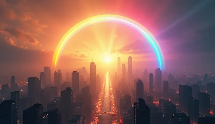 A vibrant rainbow shining over a modern city, bringing a touch of hope. In the background, a light golden mist symbolizes the presence of God, and a clear contrast between light and darkness is shown – the rainbow-lit side of the city is full of life, whil...