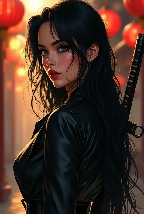 realistic drawing, an extremely beautiful woman, with long jet black hair, very blue eyes, bushy eyebrows, marked jaw, Small and thin nose, full lips, radiates sensuality in the look, dressed in a black leather coat tied, with a katana on his back, Profile...