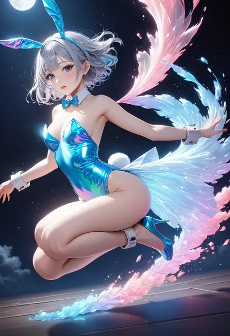 masterpiece, glowing particles, ambient lights, cute, 32K, hdr, high details, perfect lighting, perfect anatomy, shoot from distance, BREAK (shiny silver hair:1.2), (bob cut, bang between eyes, beautiful hair), (glossy silver eyes:1.5), (beautiful eyes, tw...