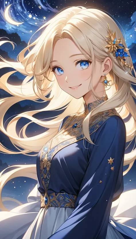 A beautiful and happy anime-style female character with long platinum blonde hair and bright blue eyes, smiling, dressed in an elegant casual dress, royal outfit. She has an ethereal and serene expression, with no accessories in her hair, allowing her flow...