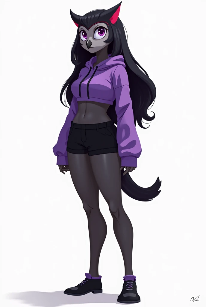 flat colors, an Anthropomorphic avian owl girl, female, small grey beak, tall and slender, large owl tail, black body, standing, white background, d cup breasts, purple eyes, long black hair with a red stripe, hands with five fingers, wearing a purple crop...