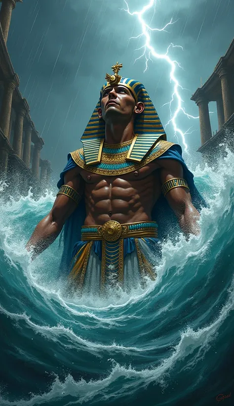 Illustration of Pharaoh king of Egypt completely submerged in water, accompanied by lightning and heavy rain depicting its tragic ending.