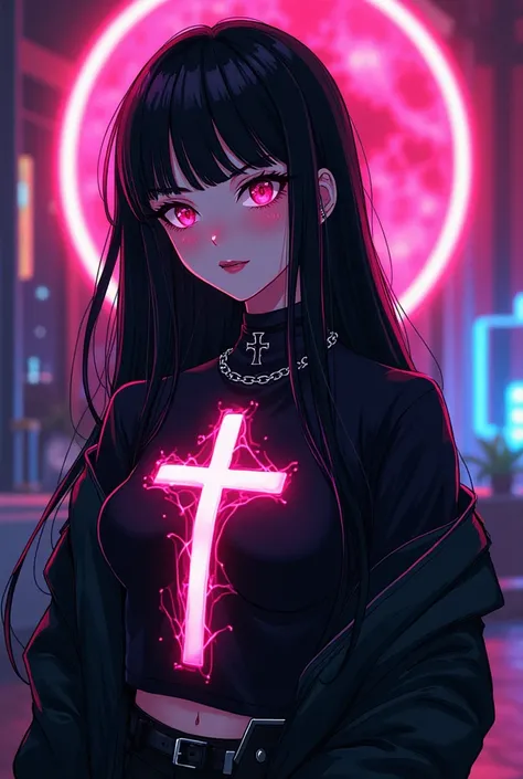 anime style a woman with long black hair and a cross on her chest, rossdraws 2. 0, rossdraws 1. 0, hyper - goth, rossdraws cartoon vibrant, rossdraws 2. 5, neo goth, gothic horror vibes, goth girl, goth vibe, 1  anime goth girl, gothic - cyberpunk, :: ross...