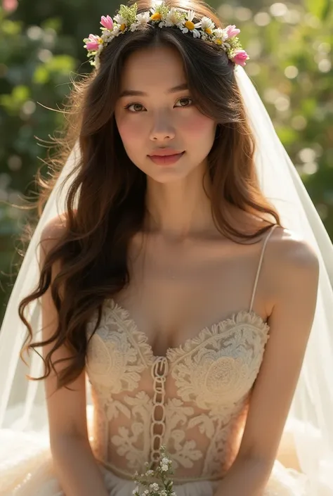 Beautiful young woman with wavy long hair, Wedding dress, ((Age20)), see-through, Round face, Glowing lip gloss, Droopy eyes, A clear double, Light reflects in the eyes, Natural makeup, Sunlight filtering through the trees, ((baby face)), Hair fluttering i...