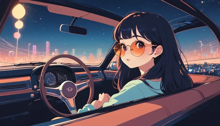 A woman wearing sunglasses、car、drive、Night view、Wide-angle lens, Lofi Anime, Lofi illustration, Aesthetic atmosphere, Lo-Fi Style, Vector art, Flat Design, Simple shape, Warm tones, Pleasant atmosphere, Chill, In anime style, Digital drawing, Vector art, V...