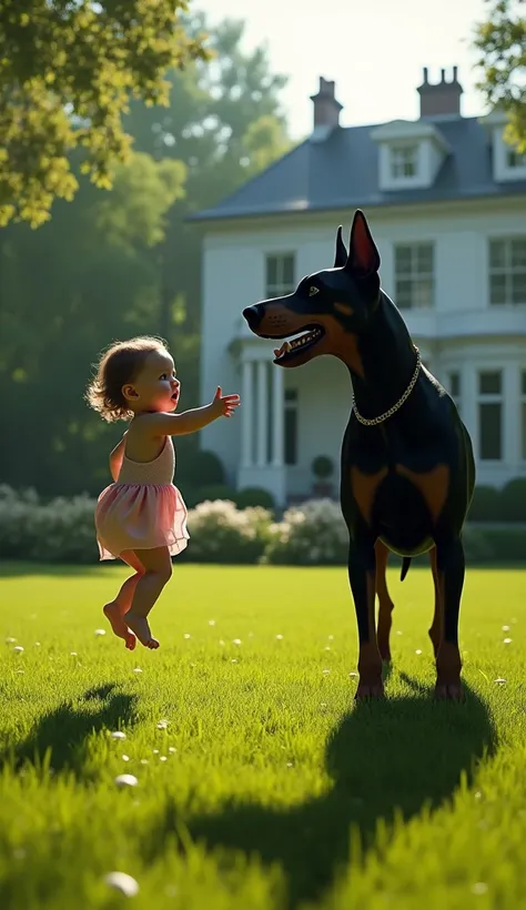 3d、Ultra HD、Side view、There is a shadow、The background is the garden of the house、Photorealistic、Black Doberman looking straight up、Black Doberman with his mouth wide open、A baby girl is flying in the air、The baby is very small、The baby has its back to the...