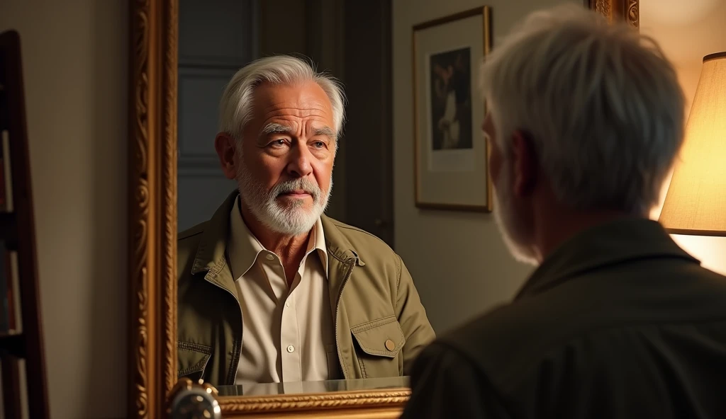 A reflective scene of the middle aged man standing in front of a mirror in his home, looking at himself with confidence. The room is softly lit, and the man has a calm, proud expression. The old watch is still visible on the table beside him. The message o...