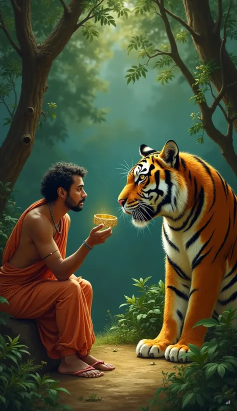 Brahmin and Tiger’s First Encounter:**
   - "A scene set in a lush green jungle where a sly tiger, sitting calmly, is offering a gold bracelet to a suspicious Brahmin. The Brahmin is standing at a distance, visibly unsure about the offer, with his hand to ...