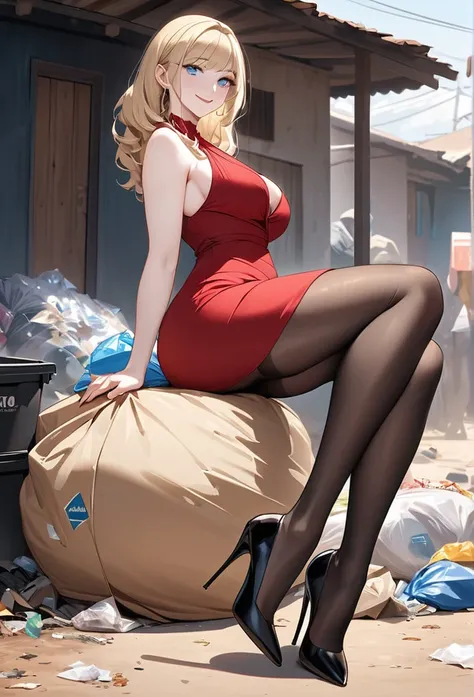 masterpiece,full body, small size head, Stunning elegant Blonde lady, bangs,pale skin, blue eyes, stunning,smile , black pantyhose, she wear long red dress ,black stilettos , jewelry,thick calves, thick legs , big ass, anatomically correct,award winning,be...