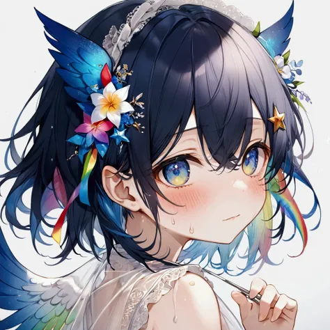 boy, High resolution, blush, dark blue hair, masterpiece, best quality, detail, Tempting, Sexy, Different colored eyes, Eyes have light spots, ribbon, star hairpin, Transparent white gauze, sweat, Juvenile, flower, rainbow, Audai, wing, boy們的親吻