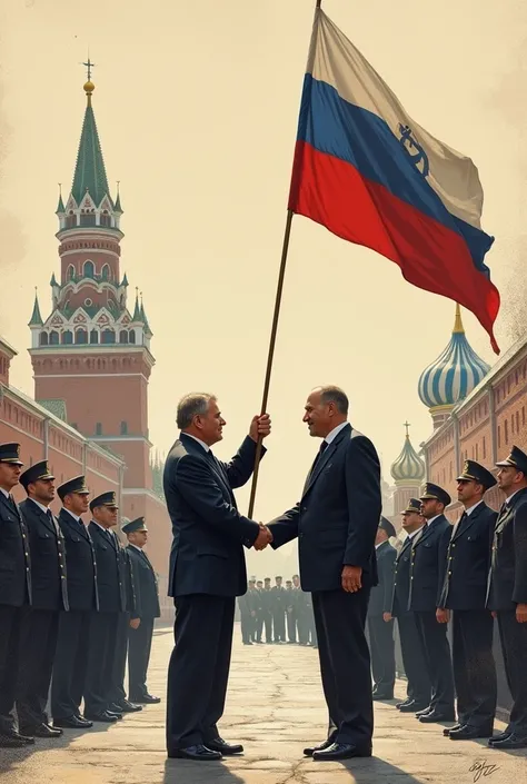 Un dibujo del final de the URSS podría mostrar el **kremlin**, the **Soviet flag coming down** mientras se iza the rusa, **Gorbachev handing over power** a Yeltsin, and a **internal map** with distant republics