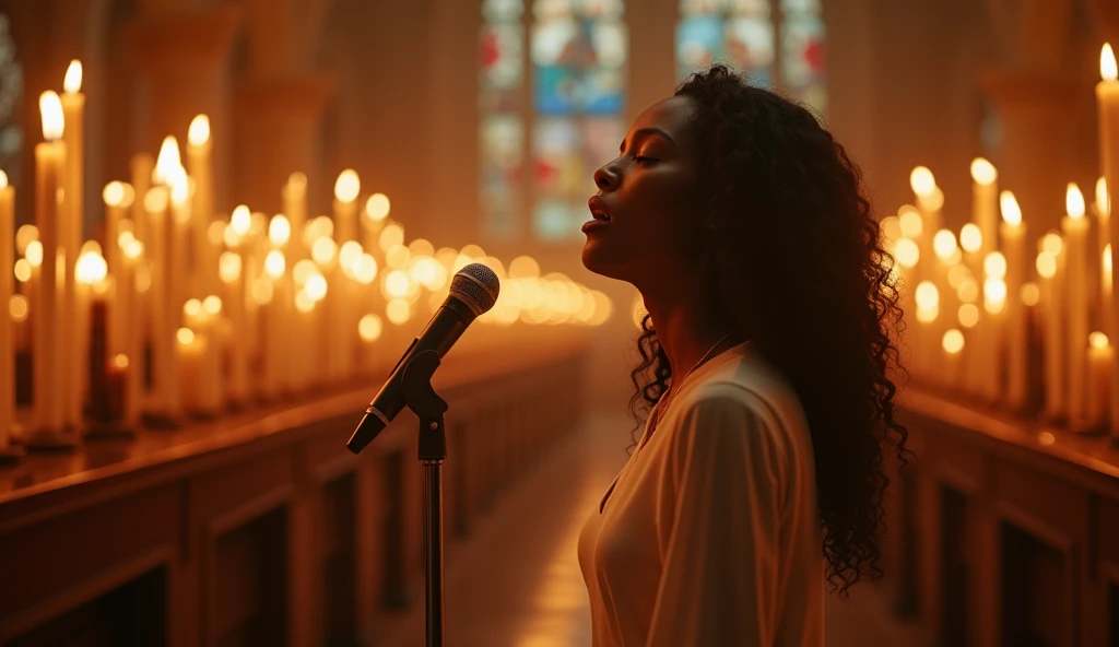 (photorealism:1.2), 21yo, black woman surrounded by candles, singing with a stand-up microphone in a church, eyes closed, ethereal lighting, warm glow, high detail, serene atmosphere, cinematic, emotional portrait, reflective mood, soft shadows, 4k resolut...