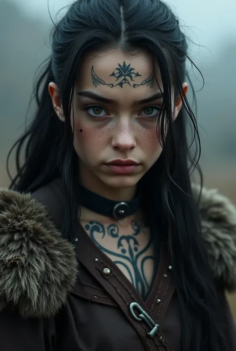 Une viking, a sweet and sad face, having black hair and some tattoos on the neck
