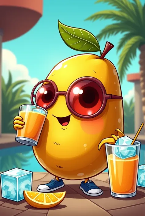 Comic Mango drinking juice with ice cups, red swollen eyes, cartoon , gangster 