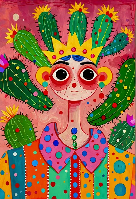 painting of a man with a cactus head and a colorful shirt, anthropomorphic cactus, inspired by Victor Brauner, the non-binary deity of spring, inspired by Ron English, hylics artwork, pop surrealism, a surrealist painting, surreal painting, whimsical surre...