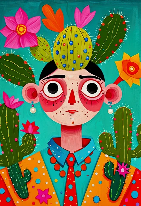 painting of a man with a cactus head and a colorful shirt, anthropomorphic cactus, inspired by Victor Brauner, the non-binary deity of spring, inspired by Ron English, hylics artwork, pop surrealism, a surrealist painting, surreal painting, whimsical surre...