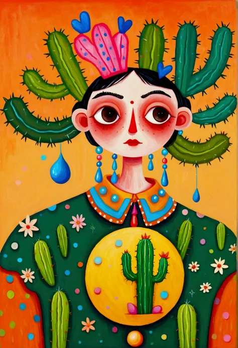 painting of a man with a cactus head and a colorful shirt, anthropomorphic cactus, inspired by Victor Brauner, the non-binary deity of spring, inspired by Ron English, hylics artwork, pop surrealism, a surrealist painting, surreal painting, whimsical surre...