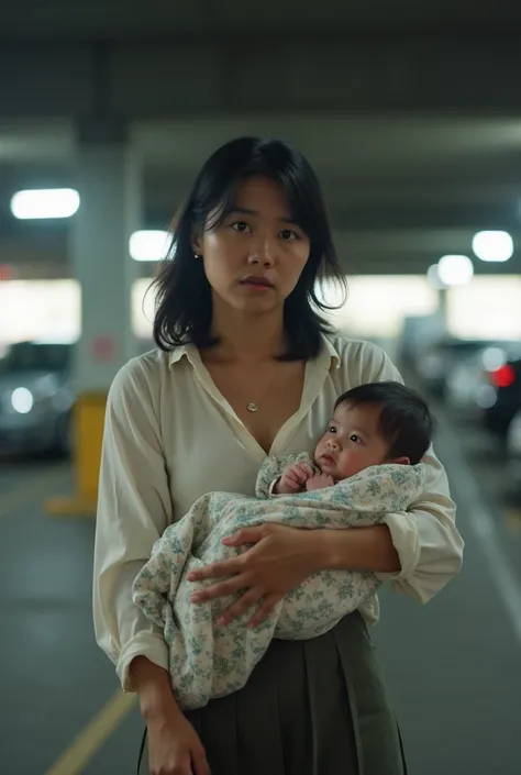 a malay woman without headscarf in her 40s carrying a baby in a carpark looking anxious & looking for someone