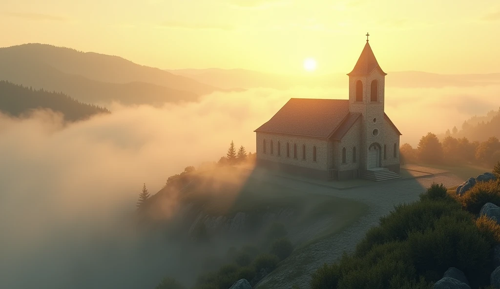 "An atmospheric scene of a tranquil, ancient stone chapel on a hilltop, surrounded by rolling fog and bathed in the soft, golden light of dawn, symbolizing timeless faith and divine presence