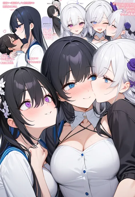 high resolution, best qualityer, Masterpiece artwork, longye hair, longye hair, Cabelo Mizura, White hair, Bblack hair, breastsout grandes, breastsout, ssmile,  language, ssmile sedutor, yandere, hair flower, purples eyes, blue colored eyes, kiss, yuri, 