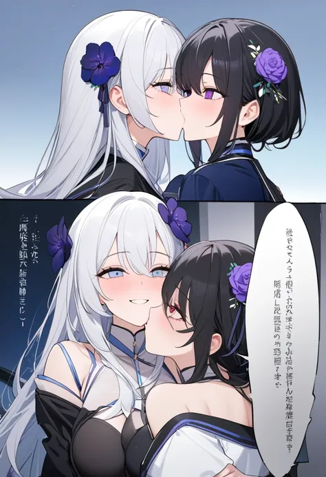 high resolution, best qualityer, Masterpiece artwork, longye hair, longye hair, Cabelo Mizura, White hair, Bblack hair, breastsout grandes, breastsout, ssmile,  language, ssmile sedutor, yandere, hair flower, purples eyes, blue colored eyes, kiss, yuri, 