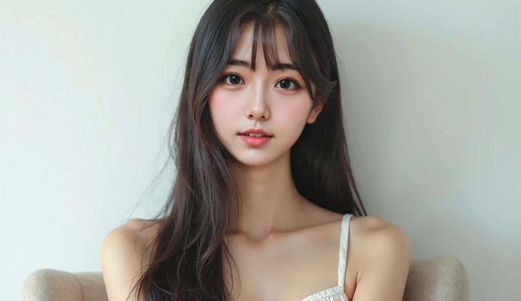 raw photo, photo realistic, ((Clear details throughout the body and well-proportioned thighs:1.6)), Japanese, 18-year-old, beautiful girl, cute, Big eyes, Double eyelids, Droopy eyes, Shiny straight hair down to the waist, Background is white wallpaper, Ja...