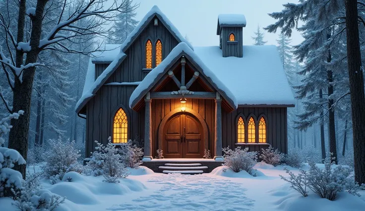 An image of a cozy, rustic chapel with stained glass windows glowing softly in the twilight, surrounded by a tranquil, snow-covered landscape, evoking a sense of spiritual warmth and serenity