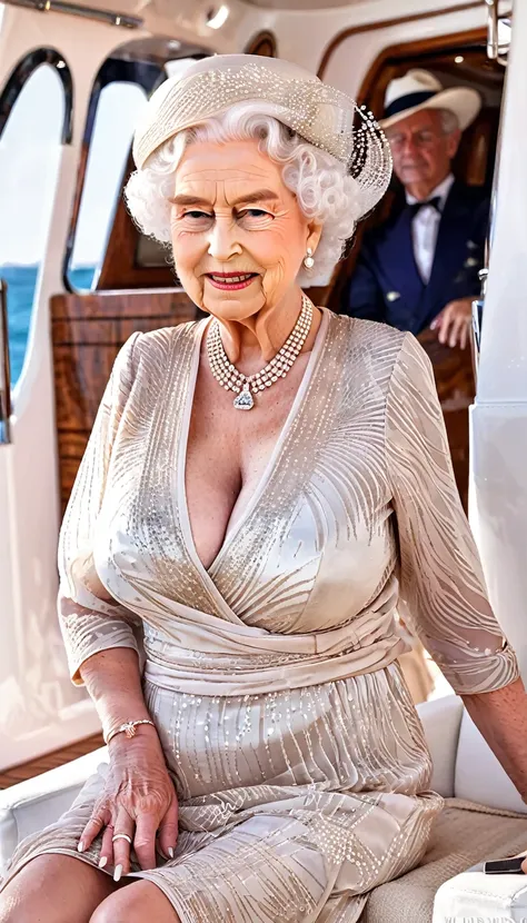 queen elizabeth 80yo, a lot of wrinkles on her face, (nsfw:1.4), (sitting on a premium yacht), (busty saggy breast:1.4), (large ...