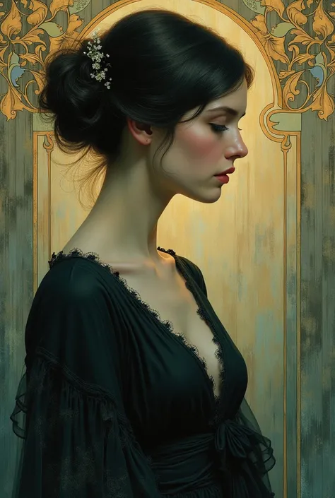 Sad   beautiful painting Alfons style many looking in profile 
