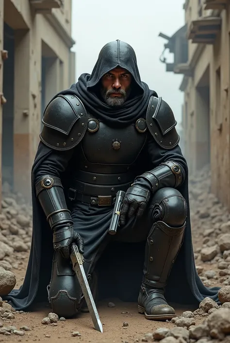 man, Black Kevlar and metal tight armor, He wears a tattered, black cloak in tatters, His black helmet with a broken visor allows us to see an eye with a black iris and part of his brown face., He is kneeling in front of a ruined building, He holds a short...