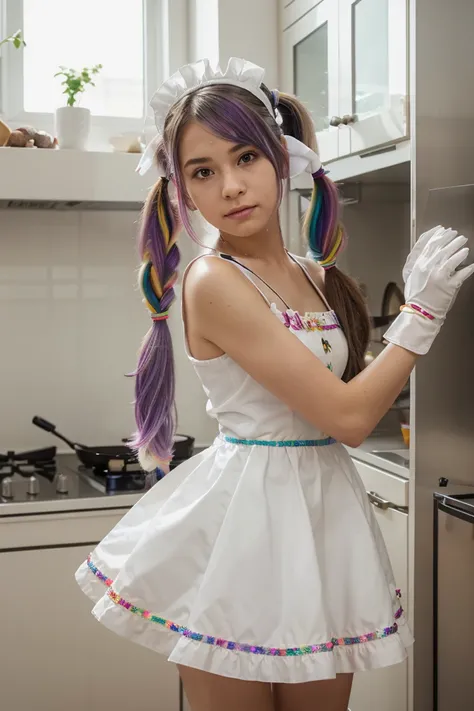 realistic, photorealistic, high quality, solo, (female child), long twintails, rainbow hair, maid dress, maid headdress, jewelry, white gloves, indoor, kitchen, claw pose, dutch angle,