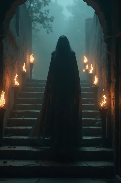 A woman，The cloak half covers the face，Go up the stairs，Silent steps，Two rows of torches forming a halo