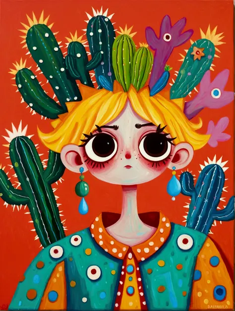 painting of a man with a cactus head and a colorful shirt, anthropomorphic cactus, inspired by Victor Brauner, the non-binary deity of spring, inspired by Ron English, hylics artwork, pop surrealism, a surrealist painting, surreal painting, whimsical surre...