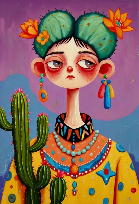 painting of a man with a cactus head and a colorful shirt, anthropomorphic cactus, inspired by Victor Brauner, the non-binary deity of spring, inspired by Ron English, hylics artwork, pop surrealism, a surrealist painting, surreal painting, whimsical surre...