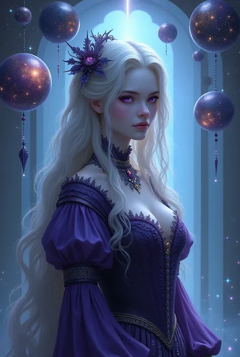 a more mature woman, wearing Victorian clothing in purple and blue colors, Reminiscent of space and mysticism, his skin is albino but his hair is black and long. His eyes are purple with an air of mystery and mysticism. He has an arch of floating spheres b...