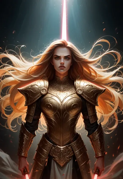 a femme fatale warrior, intricate ornate gold armor, glowing magical energy sword, long flowing hair, fierce determined expression, epic dramatic lighting, cinematic composition, vibrant colors, digital art, concept art, hyper detailed, 8k, award winning, ...