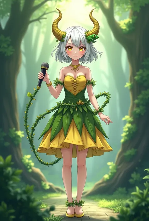 Anriadne
- Dry Ads
- Forest Keeper
- Height 160
- Sooty white hair
- Flared bob style
- Has horns growing on both sides of its head. 
- One side has a lizard with small leaves growing out.
- yellow eyes
- There are vines and grass flowers on the head.
- We...