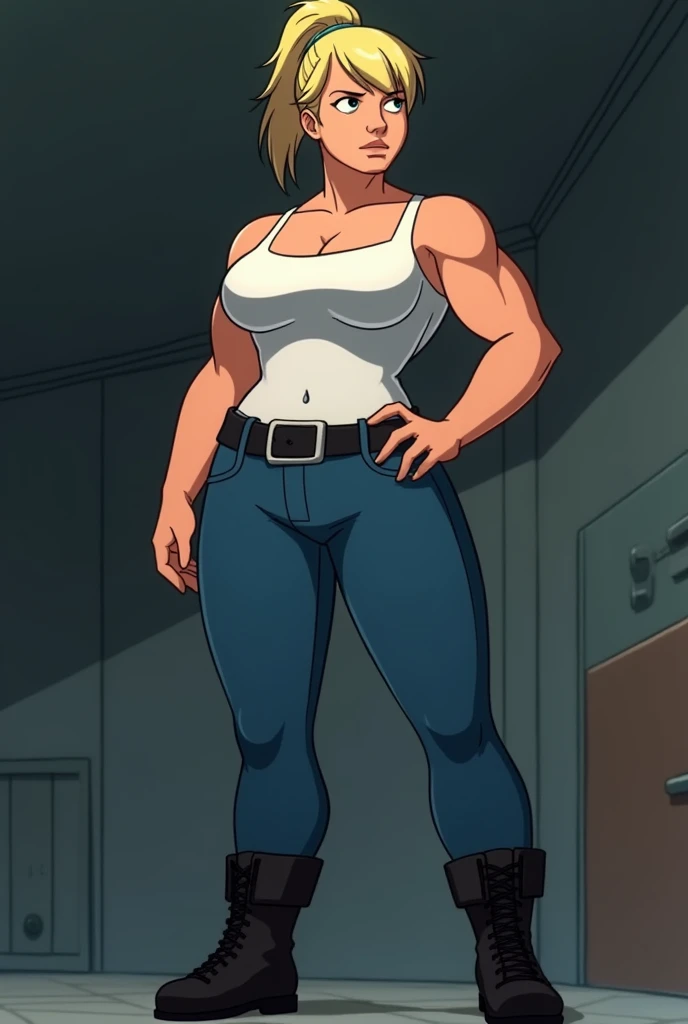 A lower than eye view camera shot of a tall, buff female Family Guy character that has blonde hair tied in a bun, wearing a white tank top, blue jeans with a black colored belt, and black boots staring blankly