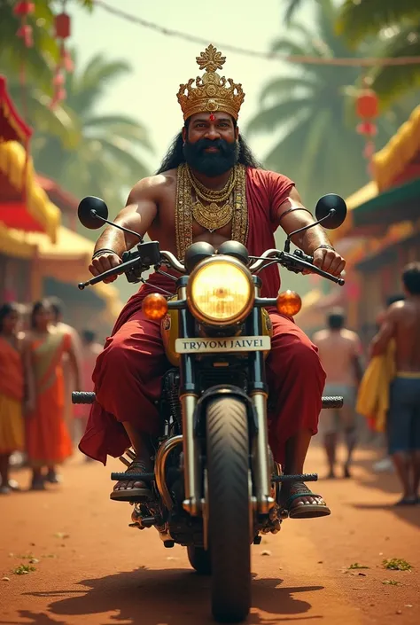 On Onam, the royel muscular king of kerala Maveli wearing a crown and body with ornaments,a mustache comes on a yamaha rx 100 bike in the middle of the village in Kerala onam celebration times