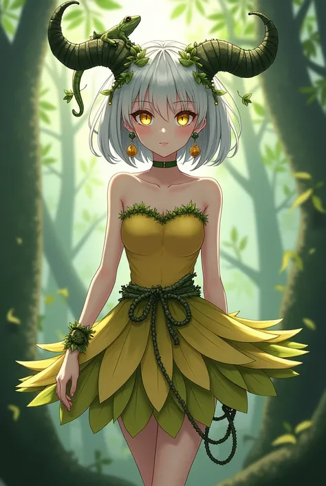 Anriadne
- Dry Ads
- Forest Keeper
- Height 160
- Sooty white hair
- Flared bob style
- Has horns growing on both sides of its head. 
- One side has a lizard with small leaves growing out.
- yellow eyes
- There are vines and grass flowers on the head.
- We...