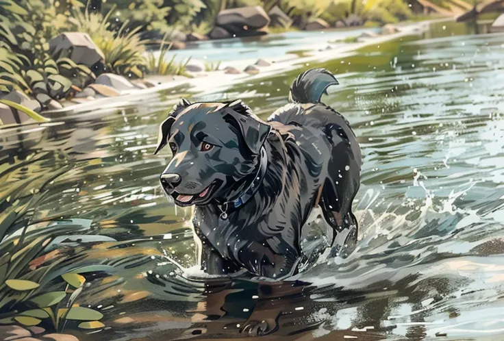 there is a black dog that is standing in the water, dog, at the waterside, black dog, a handsome, in a pond, in the water, a dog...