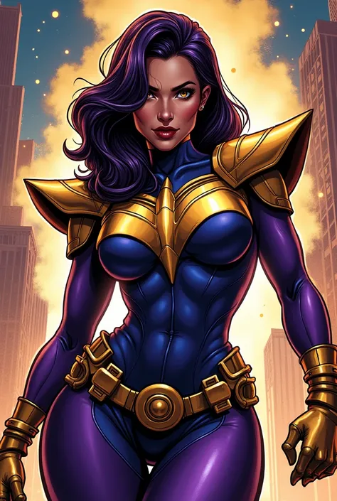 Made the Female Thanos as super villain On The Comic Book.
Looking forward and little bit expression on the face.
Looking like a cartoon.
She Will be Hot, sexy and bold in look, with the big boobs.