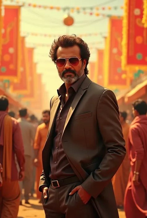 Make a orangish festival background.
 actor rajanikanth   is standing .looking at the camera with cooling glass look.
Realistic Rajanikanth actor