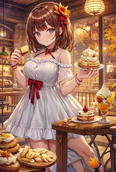 Beautiful woman wearing a hot cake dress，The dress is covered in maple syrup，It comes with a sliced banana and a round vanilla ice cream.，（High resolution, solo, 