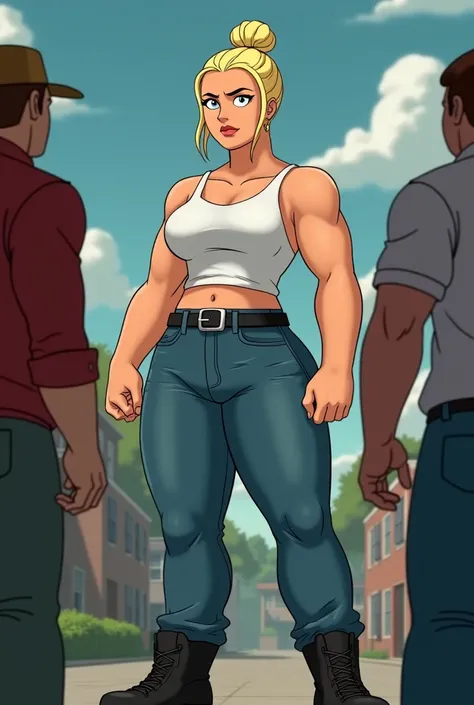 A lower than eye view camera shot of a tall, buff female Family Guy character that has blonde hair tied in a bun, wearing a white tank top, blue jeans with a black colored belt, and black boots staring blankly at a bully calling her ugly